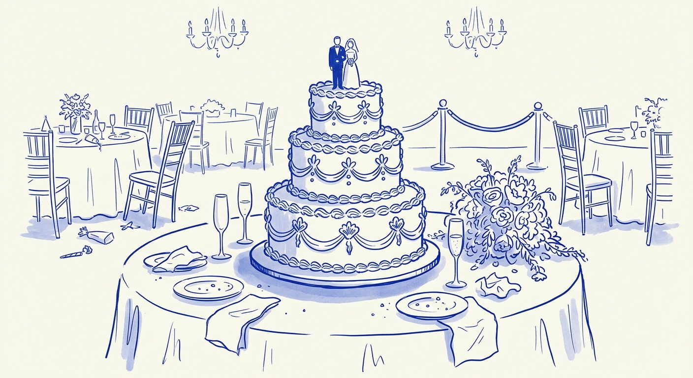 A grand three-tier wedding cake — pristine, uncut, waiting on a table in an empty reception hall — ready for the moment no one has cued yet