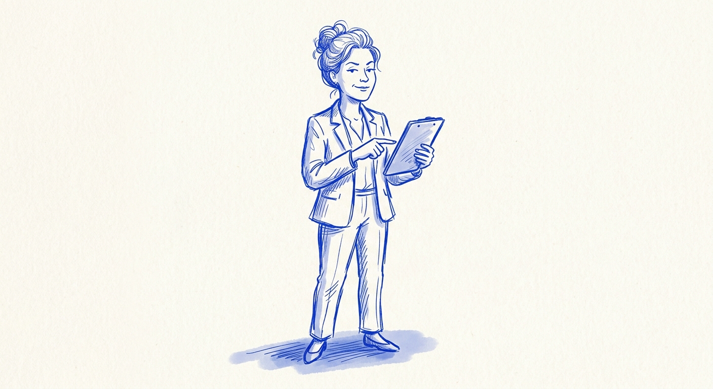 A woman in a blazer confidently tapping task assignments into a tablet — calm, in control, the opposite of a binder